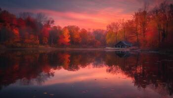 outono floresta reflete tranquilo pôr do sol em água gerado de ai foto