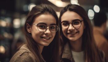 jovem mulheres sorridente, desfrutando café fazer compras juntos generativo ai foto