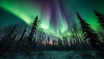 majestoso montanha alcance iluminado de multi colori aurora polaris às noite gerado de ai foto