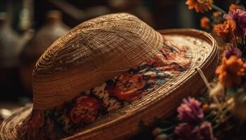 feito à mão tecido Palha chapéu com floral decoração gerado de ai foto