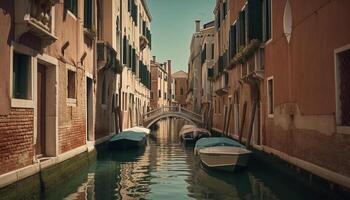 veneziano gondoleiro navega limitar canal às crepúsculo gerado de ai foto