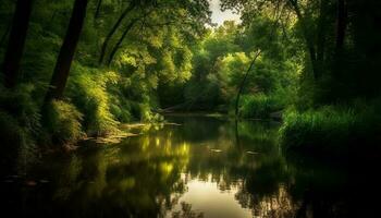 tranquilo cena do verde floresta reflete dentro lagoa generativo ai foto