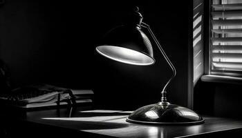 moderno escrivaninha luminária ilumina Preto e branco escritório gerado de ai foto