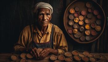 Senior homens trabalhando madeira, construindo indígena retrato gerado de ai foto