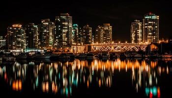 brilhante cidade luzes refletir em beira-mar Horizonte gerado de ai foto