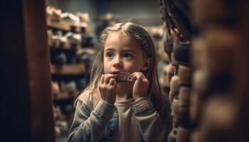 sorridente menina segurando brinquedo, cercado de livros gerado de ai foto