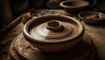 artesão moldagem argila em cerâmica roda, criando vaso gerado de ai foto