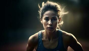 jovem mulher com muscular Construir corrida ao ar livre gerado de ai foto