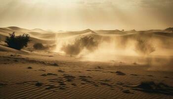pôr do sol sobre montanha faixa, ondulado areia duna gerado de ai foto