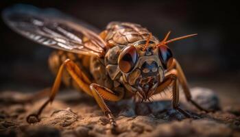 pequeno listrado abelha moscas fechar acima dentro natureza gerado de ai foto