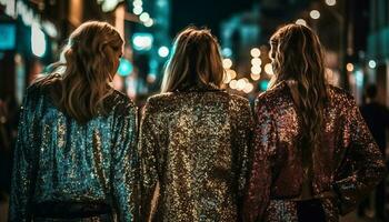 jovem adultos caminhando dentro iluminado cidade vida noturna gerado de ai foto