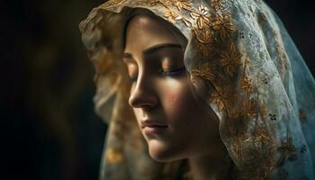 jovem mulher beleza brilha através religioso véu gerado de ai foto