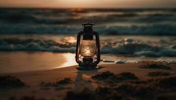 brilhando lanterna ilumina tranquilo verão litoral cena gerado de ai foto