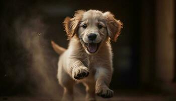 dourado retriever cachorro corrida ao ar livre, jogando alegremente gerado de ai foto