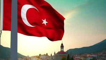 turco bandeira simboliza patriotismo e religião dentro majestoso paisagem urbana gerado de ai foto