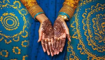 indígena noiva ornamentado hena tatuagem comemora hindu Casamento cerimônia gerado de ai foto