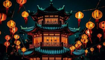 brilhando lanternas iluminar antigo pagode dentro chinês cultural celebração gerado de ai foto