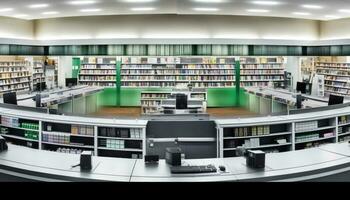 abundância do literatura em estante de livros dentro moderno escola construção gerado de ai foto