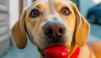 fofa de raça pura retriever cachorro sentado ao ar livre, olhando às Câmera alegremente gerado de ai foto