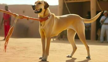 de raça pura labrador em pé ao ar livre, jogando dentro areia com proprietário caminhando gerado de ai foto