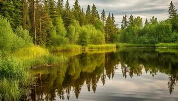 tranquilo cena do uma verde floresta refletindo dentro uma lagoa gerado de ai foto