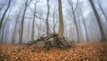 mistério dentro natureza assustador floresta, tranquilo cena, silhueta do pinho árvores gerado de ai foto
