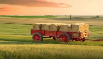 dourado feno fardos lista através a rural panorama às pôr do sol gerado de ai foto