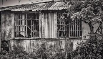 resistido velho ruína, abandonado e rústico, uma assustador antigo chalé gerado de ai foto