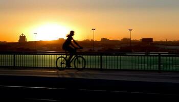 silhueta ciclismo às crepúsculo, 1 pessoa desfrutando saudável estilo de vida gerado de ai foto
