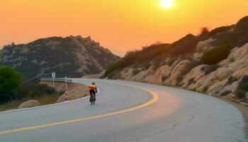 1 pessoa ciclismo através montanha paisagem, desfrutando saudável estilo de vida gerado de ai foto