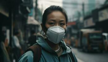 1 sério mulher dentro protetora mascarar ao ar livre gerado de ai foto