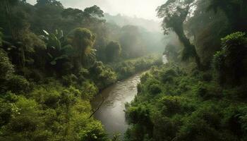 enevoado floresta abundante com vida e mistério gerado de ai foto