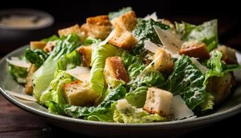 fresco grelhado frango César salada em madeira prato gerado de ai foto