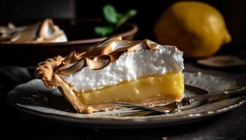 doce fruta sobremesa fatia em rústico madeira prato gerado de ai foto