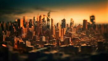 brilhando paisagem urbana às crepúsculo, moderno e iluminado gerado de ai foto
