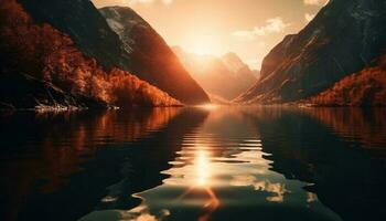 montanha alcance majestosamente reflete dentro tranquilo águas gerado de ai foto