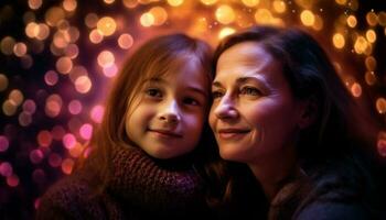 sorridente família goza Natal luzes e riso gerado de ai foto