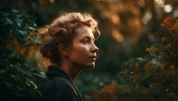 jovem mulher dentro outono floresta, beleza rodeia gerado de ai foto