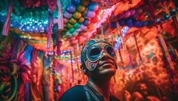 jovem adultos comemoro tradicional festival com vibrante cores gerado de ai foto