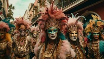 colorida carnaval celebração com tradicional fantasias e máscaras gerado de ai foto