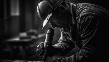 caucasiano músico jogando guitarra, habilmente reparação equipamento gerado de ai foto