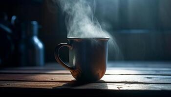 rústico café caneca em de madeira mesa vapores gerado de ai foto