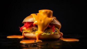 grelhado Hamburguer de queijo em pão com tomate, cebola, e fritas gerado de ai foto