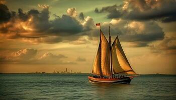 Navegando navio em azul água, pôr do sol céu, mastro e aparelhamento gerado de ai foto