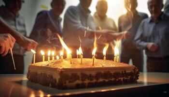 grupo do alegre adultos segurando aniversário velas, desfrutando doce sobremesa gerado de ai foto