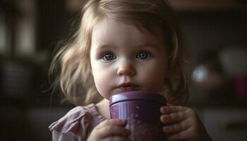 fofa caucasiano criança pequena menina sentado dentro de casa, segurando beber e sorridente gerado de ai foto