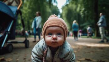 feliz família caminhando dentro natureza, desfrutando despreocupado outono estação juntos gerado de ai foto