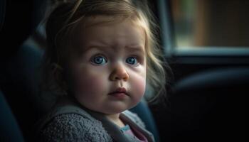 fofa bebê menina sentado dentro carro, olhando Fora janela alegremente gerado de ai foto