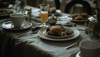 fresco croissant e café em rústico jantar mesa fundo gerado de ai foto