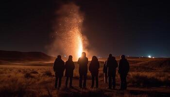 silhuetas do homens e mulheres caminhando para montanha pico às crepúsculo gerado de ai foto